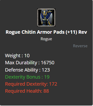 Rogue Chitin Armor Pads +11 (Reverse)